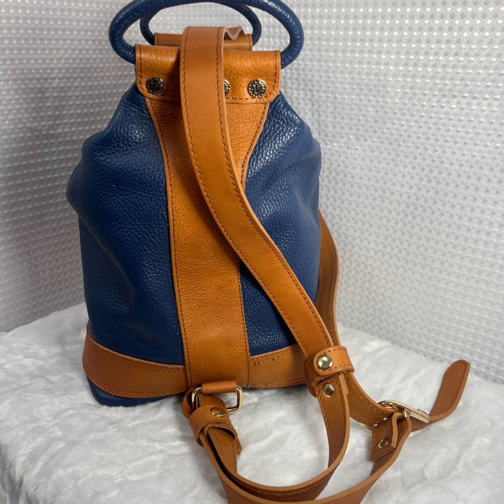 Valentina Italian leather convertible sling backpack in blue/tan pebbled leather - Picture 3 of 13